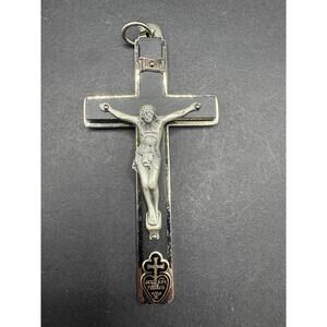 Vintage Silver Tone Black Inlay Cross Holy Catholic Crucifix Pendant 102.2 MM